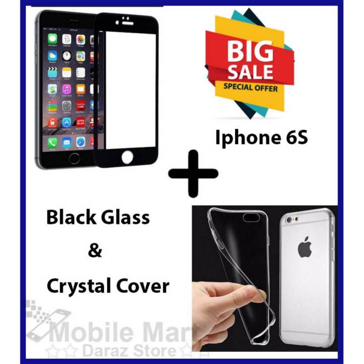 Iphone 6S Full Screen 3D Black Complete Tempered Glass Protector +  Crystal Clear Transparent  Back Cover
