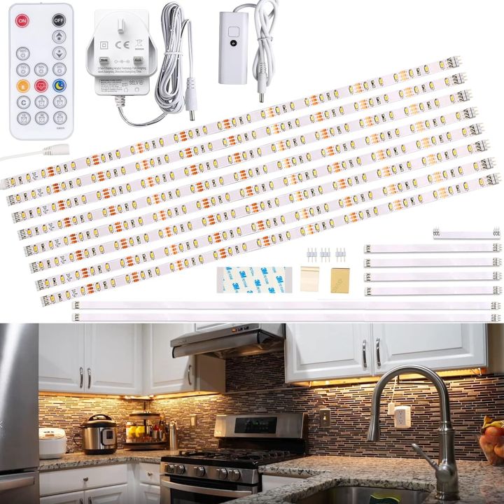 WOBANE Under Cabinet LED Lighting kit,8*50cm LED Strip Lights with Remote Control Dimmer and Adapter,Dimmable for Kitchen Cabinet,Counter,Shelf,TV Back,Showcase,2700K Warm White,1900lm,Timing,8pcs