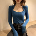 Women Knitted U-neck Sweater  ops Casual -fit Long Sleeve Pullover Bottoming Shirt color. 