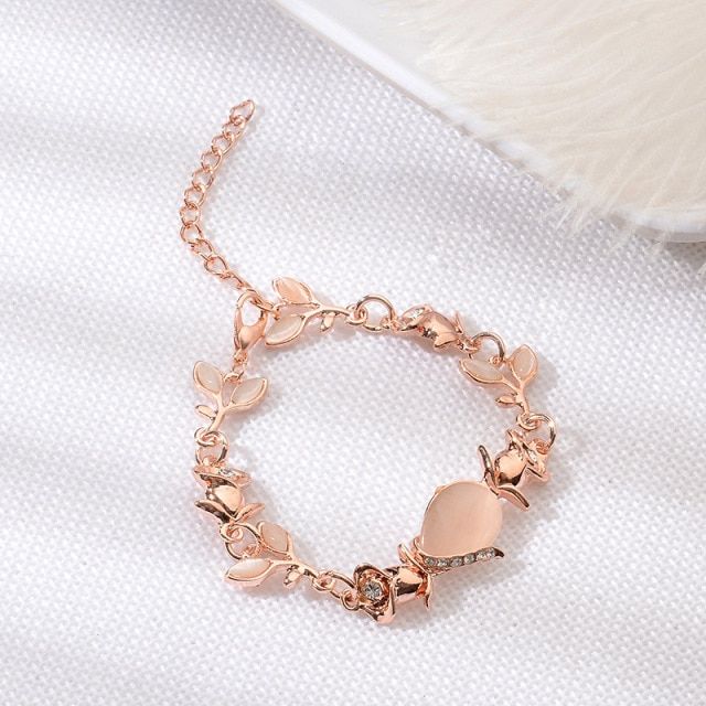 Cute Opal Leaves Rose Gold Bracelet Plant Crystal Opal Stone