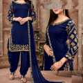 3Pc Navy and Gold Embroidered Traditional Chiffon Patiala Suit for Women and Girls – Premium Quality Formalwear Set. 