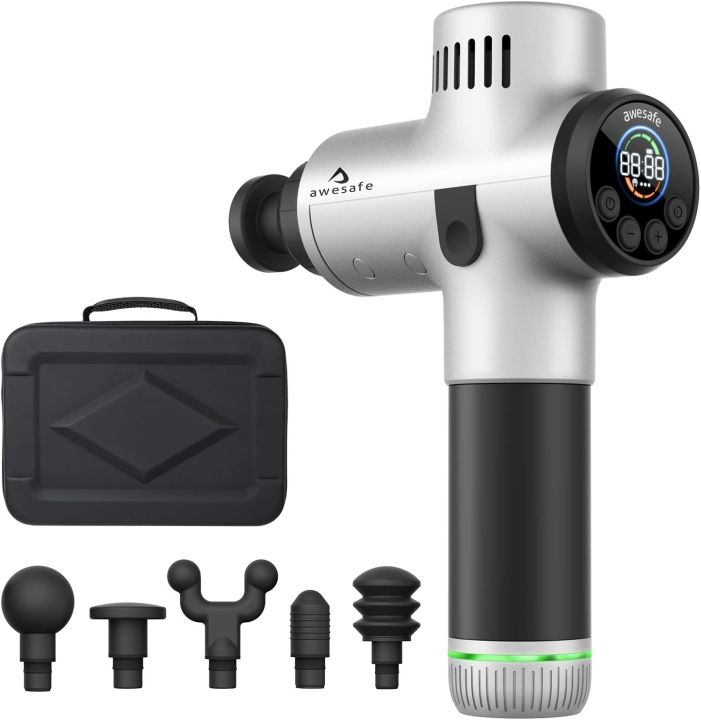 AWESAFE Massage Gun American Masager Handheld Deep Tissue Percussion Muscle Massager for Pain Relief Electric Body Massager with Quiet Brushless Motor, 4 Speeds, LCD Screen and 5 Types of Massage Heads
