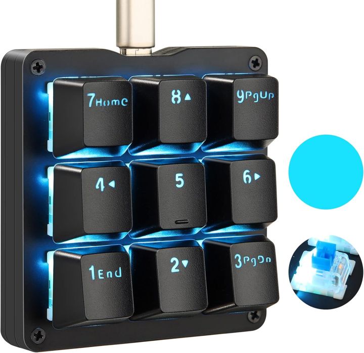 Koolertron One-Handed Mechanical Macro Keyboard, LED Backlight, Portable Mini One-Handed Mechanical Gaming Keyboard OSU with 9 Fully Programmable Keys (Black/Blue Backlit/Blue Switches)