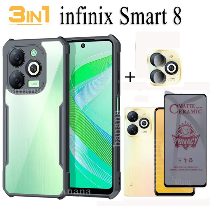 Infinix Smart 8 Shockproof Phone Case 3 in 1 Infinix Smart8 Anti Spy Soft Ceramic Matte Privacy Tempered Glass and Camera Lens Glass Screen Protector