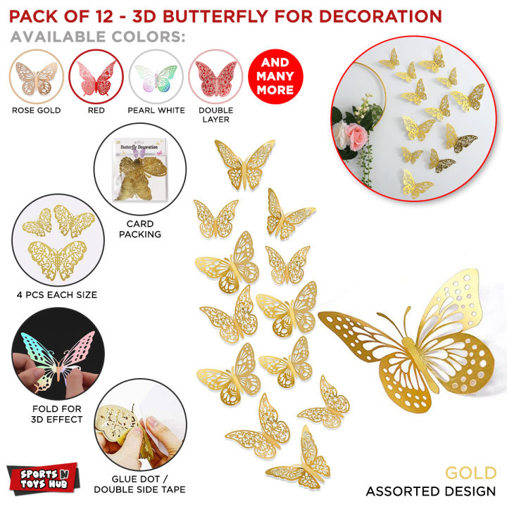 3D Metallic Butterfly for Decor, Assorted Styles 12 Pcs 3 Sizes, Removable Reuseable Stickers for Wall, Living Room Mural, Party Cake Balloons Bouqets Wedding Decoration Decals, Butterflies Fridge Kids Bedroom Nursery Sticker, DIY Arts & Craft Multicolors