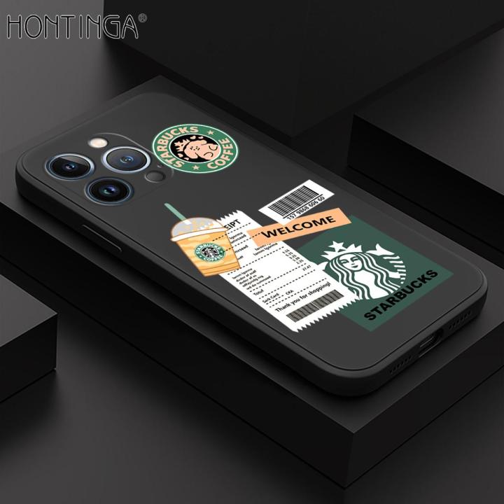 Hontinga for iPhone 13 Pro Case New Starbucks Order Phone Case Original Square Liquid Silicone Cases Full Cover Camera Shockproof Protection Case
