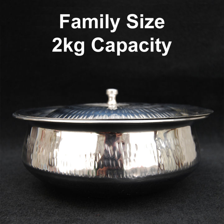 Steel Handi for cooking and serving | 2kg capacity | 10 Inch | Family Size | Hammered Design