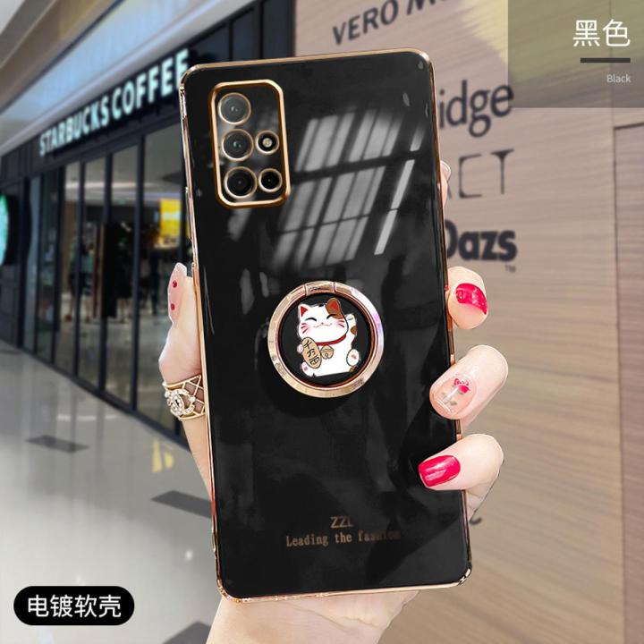 For Samsung Galaxy A71 Cover + Ring Holder Stand Shiny Plating Square Bumper Phone Case Lens Protection Soft Silicone Shockproof Protective Back Cover
