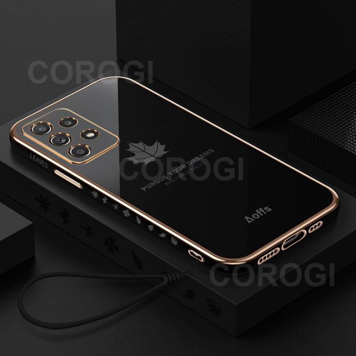 For Samsung Galaxy A53 5G Back Cover with Hand Strap Luxury Shiny 6D Plating Maple Leaves Pattern Protective Case Square Bumper Soft Silicone Mobile Phone Cases
