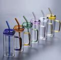 Techmanistan Random Color 400ml Square Glass Mug With Handle, Straw & Lid, Drinking Glass, Adorable Glass Cups with Lids and Straw, Glass Tumbler Coffee Cup Coffee Mug. 