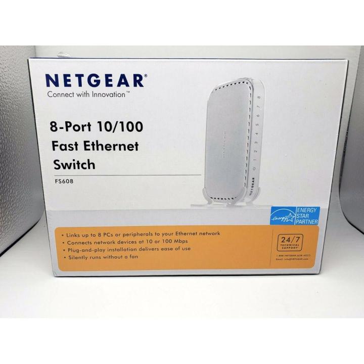 Original NETGEAR FS608 v3 8-Port Switch 10/100 Mbps with Power Supply, Plug & Play, Stand mounting and Manual, Made in United kingdom