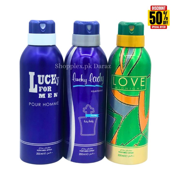 Body Spray Deodorants Perfumed Long Lasting Pack of 3 Big Bottle 200ml Lucky For Men| Lucky Lady | Midnight Love Lucky Brand Fragrance Fresh Scent Perfumed For Men and Women Value Budget Gifting Birthday Anniversary Unisex Body Spray Gifting All Cooperate