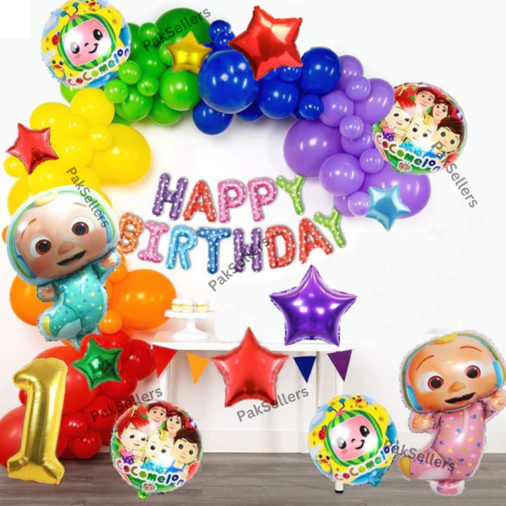 122 Pcs Cocomelon Theme Birthday Set for Grand Birthday Party- Coco Melon Happy Birthday Foil Balloons Theme Set