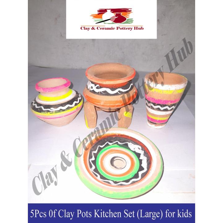 Clay Pots Kitchen Set (large) | Set of 5 Pcs | Kids Play & Home Decor | Clay Crockery Pots | Earthen Crockery Pots | Terracotta Crockery Pots