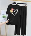 Girls (7–14) & Women (S–XL) Soft Cotton Jersey Pajama Set – Black “love” Tee & Printed Trousers | Cozy Sleep & Loungewear. 