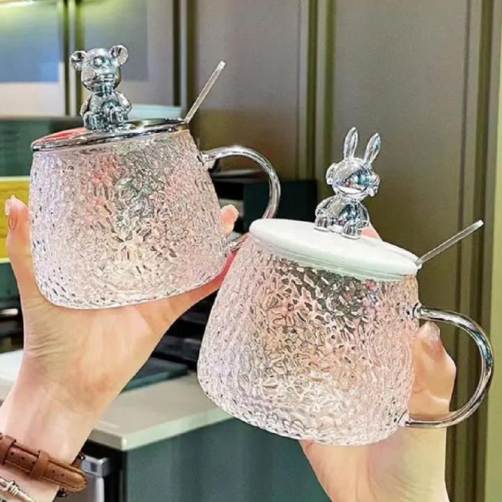 Heat resistant glass Diamond mug water coffee office household tea cup with rabbit lid and spoon