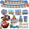 Anime One Piece Luffy Figures Birthday Decorations Party Supplies Tablecloth Balloons Cake Insert Paper Cap Party Decor Set Fans. 