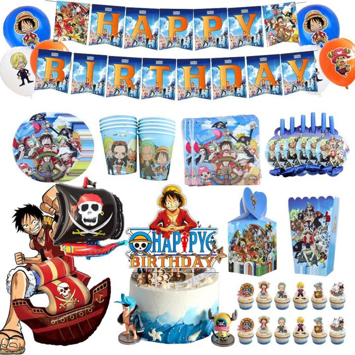 Anime One Piece Luffy Figures Birthday Decorations Party Supplies Tablecloth Balloons Cake Insert Paper Cap Party Decor Set Fans