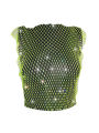 Ladies Mesh Midriff-baring Tops, Women Leisure Style Rhinestone Decoration Round Collar Sleeveless Hollow Perspective Tank Top. 