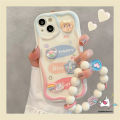 Cute Little Bear Doodle rainbow Pink Blue Gradient Cover Compatible For Redmi 12 A1 9A 9T 12C 10 10C 9 10A A2 9C NFC Note 12 10 10s 8 9 11 11s Pro Max Poco M3 Mi 11 12 Lite 3D Wavy Curved Edge Case With Beaded Bracelet. 