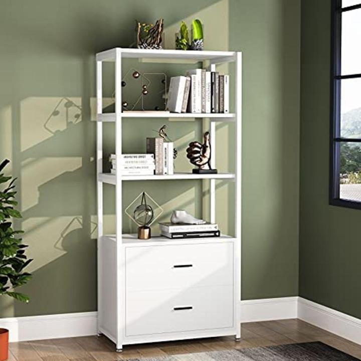 Tribesigns Bookcase, 4-Tier White Bookshelf with 2 Drawers, Etagere Standard Book Shelves Display Shelf for Home Office (White). Customization available