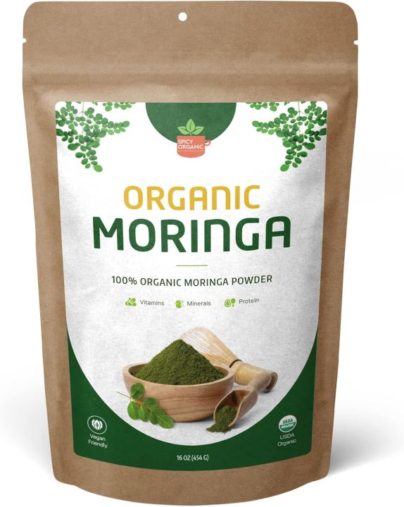 SPICY ORGANIC Moringa Powder – 100% USDA Organic - Moringa Oleifera Leaf Powder (Moringa Oleifera) - Perfect for Use in Smoothies, Oatmeal, Tea, and a Myriad of Other Culinary Creations - 16 oz.