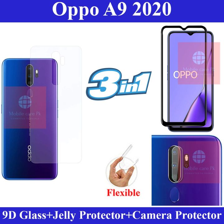 Oppo A9 2020 Full Black 9D|5D|6D|10D|11D|21D Tempered Glass Screen Protector Full Glue Edge To Edge + Back Camera 9H Gorilla Flexible Protector + Back Jelly Protector Clear Soft Protection Film Transparent Hydrogel Film Protector For Oppo A9 2020