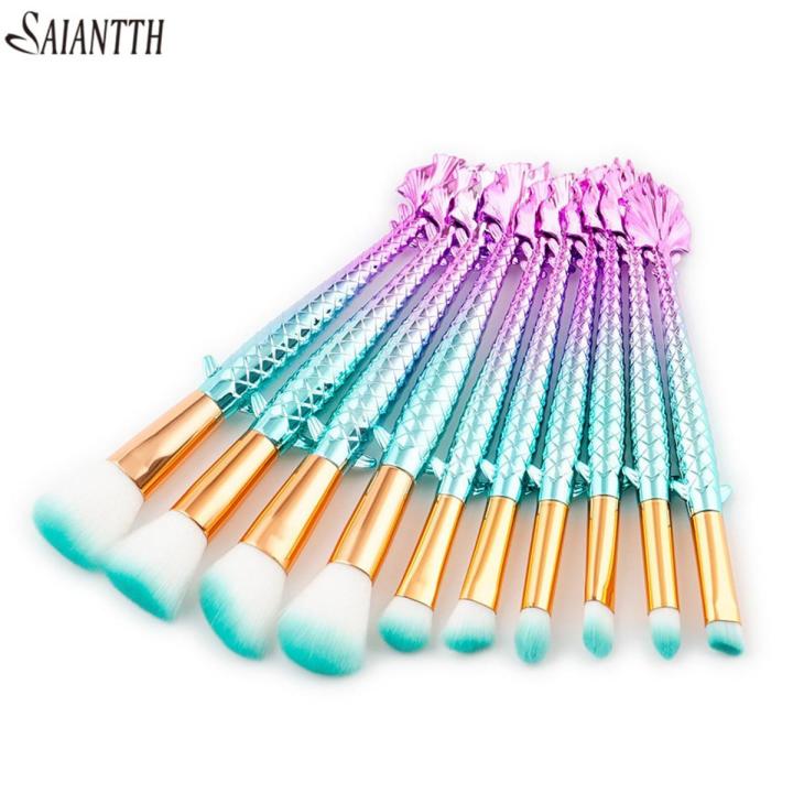 1 SAIANTTH 10Pcs Lucky Fish Makeup Brushes Set Pink Blue Scattered Powder Eye Shadow Brush Kit Cosmetic Beauty Tools Maquiagem