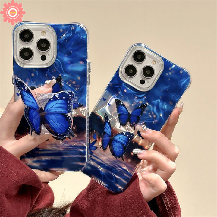 Romantic Fantasy Cool Blue Butterfly Cute Bracket Case Compatible for IPhone 13 11 12 16 14 15 Pro Max XR 7Plus 16 7 14 15 8 Plus XS X MAX SE 2020 Luxury Waves Water Case