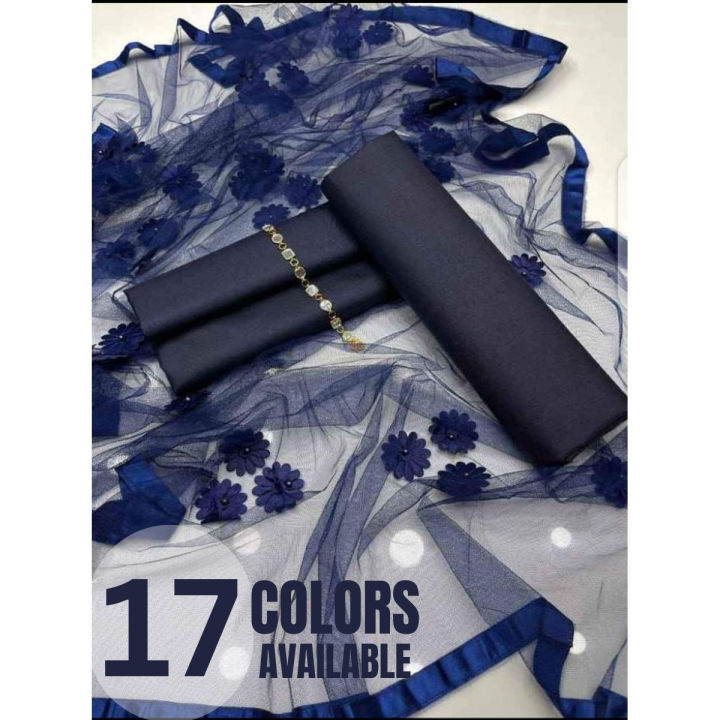 Rubika Fashion Most Hit Unstitched 3 Piece Collection Katan Silk Plain Shirt  & Trouser With Net Dupatta For Women Dress for women