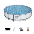 Bestway Steel Frame Round Pool 56462, 18 Ft Length X 18 Feet Width, Full Depth Large For Children & Adults, Easy To Setup & Drain Size Puncture Resistant Liner, 46 Inch Deep Family Big Swimming Pools, Water & Summer Fun, With Filter Pump, Ladder & Cover. 