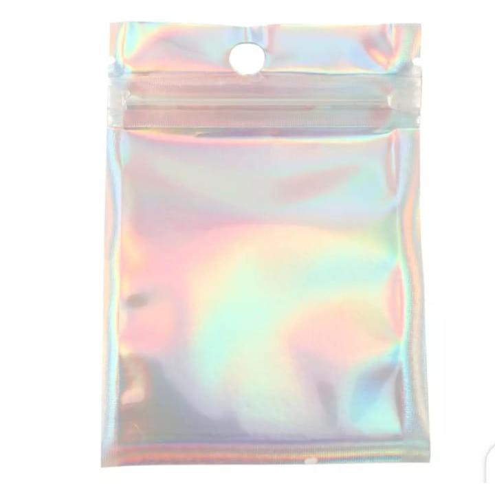 5 Pcs Resealable Holographic Bags, Smell Proof Mylar Pouch with Clear Window for Food Storage Party Favor Business Flat Zipper Closure Bag (Holographic Color, 2.75 x 4 Inch)