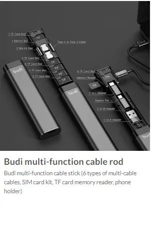 Budi B91SBLK Cavo Multi USB 9-in-1 Da Viaggio Con Lettore TF E Slot SIM - Adattatori E Supporto Telefono - Nero