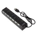 Portable 7 Ports Usb Hub Adapter 2.0 Power And Data Transfer Splitter With Switch Led Light Cable Extension For Pc Laptop Computer Mobile Charger. 