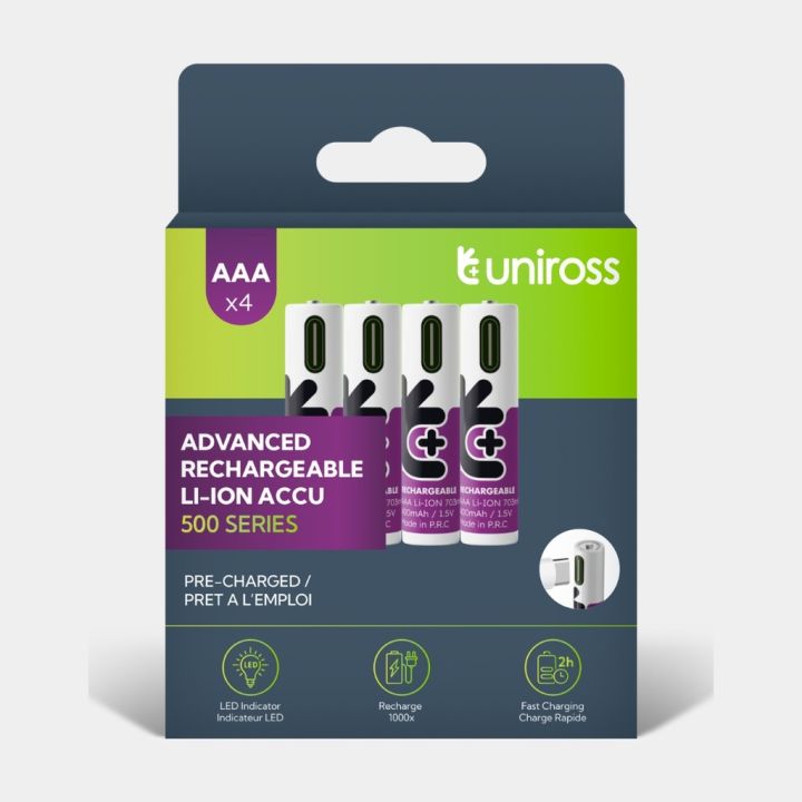 Uniross USB-C AAA 1.5V 703 mWh / 500 mAh Rechargeable Battery (Pack 4)