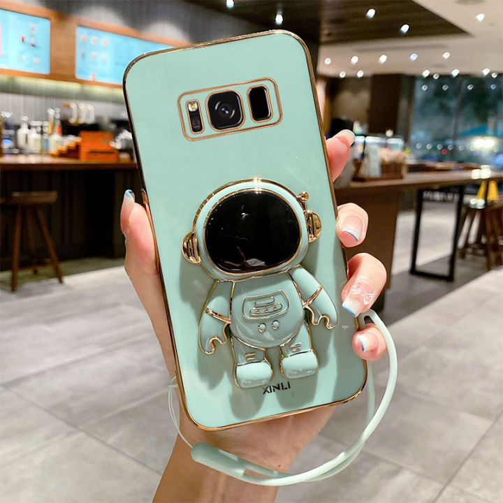 COROGI for Samsung Galaxy S8 Plus Back Cover with Lanyard Cartoon Astronaut Folding Stand Luxury 6D Plating Shiny Girls Cases Soft Silicone Square Mobile Phone Case