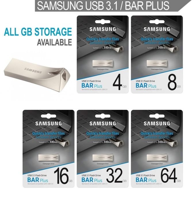 Samsung USB 3.1 4GB 16GB 32GB 64GB Bar Plus USB Flash Drive | SAMSUNG BAR Plus 4Gb 16GB 32GB 64GB - 20MB/s USB 3.1 Flash Drive with backwards compatibility (USB 3.0, USB 2.0)