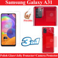 Samsung Galaxy A31 Glass Protector Polish Screen Tempered + Back Protector Transparent Hydrogel Soft Film jell Protection + Back Rear Camera Protector 9H Gorilla Flexible Protection For Samsung Galaxy A31. 