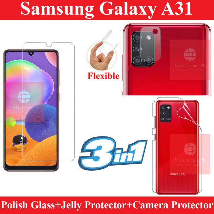 Samsung Galaxy A31 Glass Protector Polish Screen Tempered + Back Protector Transparent Hydrogel Soft Film jell Protection + Back Rear Camera Protector 9H Gorilla Flexible Protection For Samsung Galaxy A31