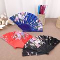 Portable Summer Cooling Gadget Flowers Printed Satin Hand Fan / Traditional Handcraft Folding Fans Delicate Chinese Art Souvenir Gifts. 