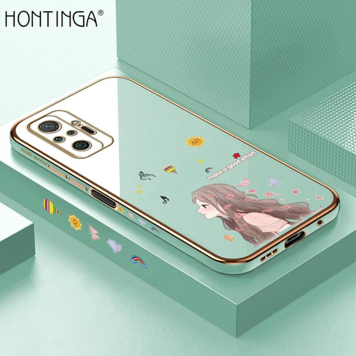 Hontinga for Redmi Note 10 Pro / Note 10 Pro Max Back Cover Luxury 6D Plating Sunshine Girl Side Pattern Case Soft Silicone Square Phone Cases