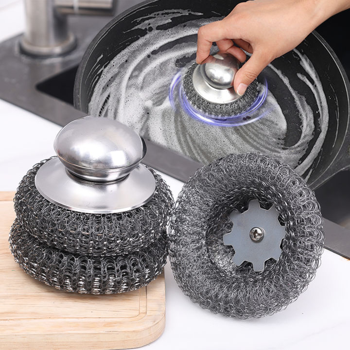Steel Wire Ball Cleaning Supples Round Handle Design Cleaning Brush Decontamination Kitchen Cleaning Brush Dishwashing Wire Ball 1Pcs