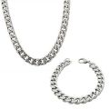 Pack of 2 Silver Stainless Steel Cuban Link Neck Chain and Wrist Bracelet Band for Men / Boys. 