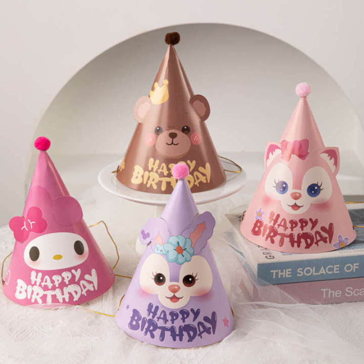 3pcs Cute Cartoon Sanrio Kuromi Cinnamoroll Stella Lou a Bell Teddy Bear Loppy Children's Happy Birthday Hat Decoration Photograpps Party Cap