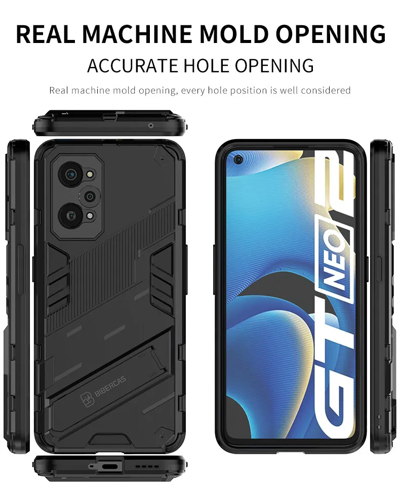 EASSGU Custodia Antiurto Per Realme GT 2 / GT Neo 2 / GT Neo 3T - Cover In Silicone Con Cavalletto E Design Mecha - Nero