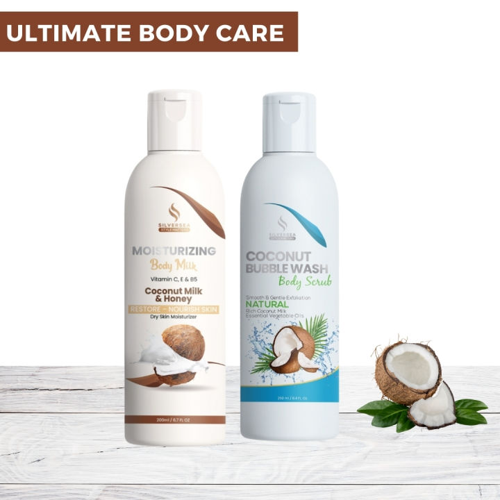 SilverSea Body Care Bundle | Coconut Body Scrub for Exfoliation & Hydration | Coconut Milk, Honey & Vitamin C Lotion for Dry Skin, Bright & Moisturized Hands & Body