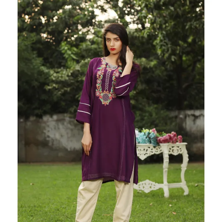 Purple Lawn Karandi Stitched Embroidered Kurti For Girls and Women