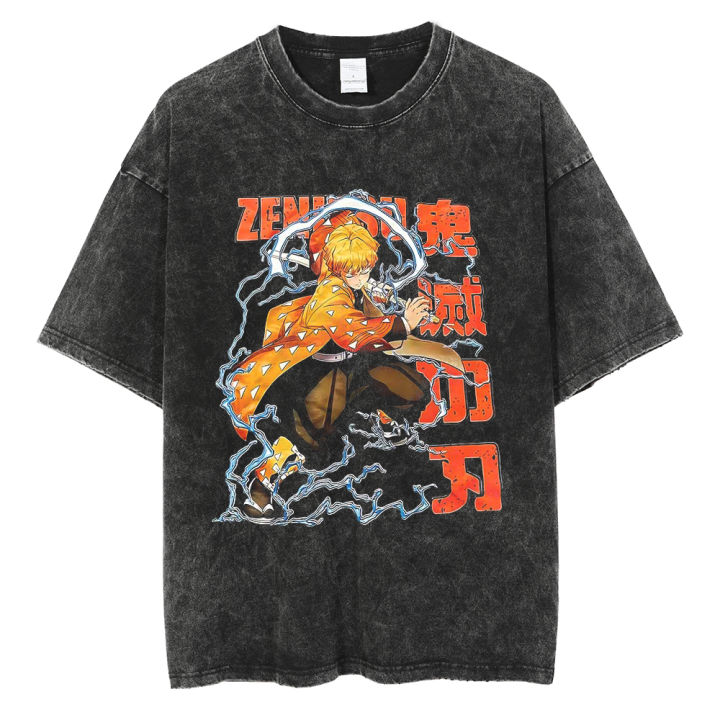 Streetwear Hip Hop Clothes Japan Anime Demon Slayer Graphic Print T Shirts Men Oversized Tee Washed Cotton Short Sleeve 2023