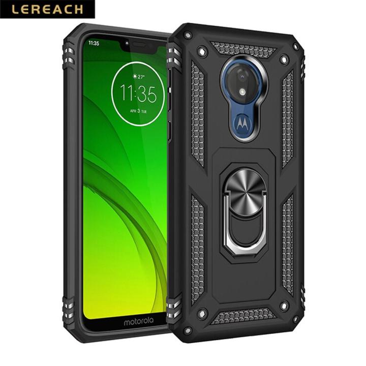 Lereach For Motorola Moto G7 Power Mobile Phone Case TPU Hard Ring Car Ring Bracket Shockproof Back Cover