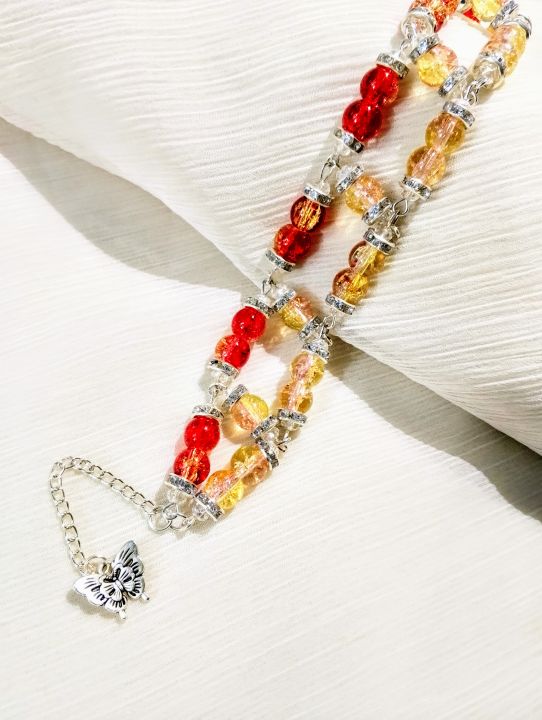 Handmade Double Layer Beaded Bracelet for Girls – Crackle Glass Beads with Butterfly Charm Elegant Stylish Fashion Bracelet